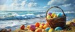 Easter-themed beach scene with a basket and colorful eggs by the sea