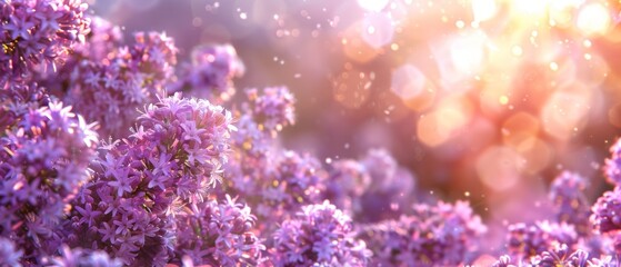 Wall Mural -   Field of Purple Flowers - Sun Shining Through Trees | Blurry Image