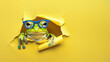 An amusing green frog wearing blue glasses peers through a torn hole in a bright yellow background