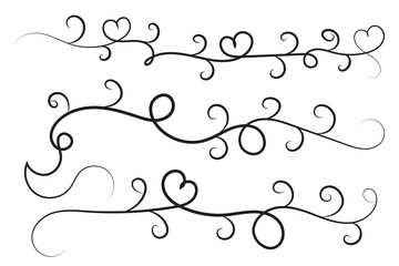 Wall Mural - 
Filigree curly Calligraphic Heart, Fancy Line Flourishes Swirls hearts, curve romantic love sign, Valentines Day divider flourish Swirl, Calligraphy Flourish lettering header hearts scroll vector