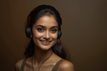 Wall Mural - Portrait of a smiling young woman of Indian ethnicity wearing a headphone 