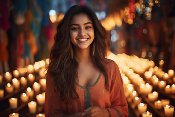 Wall Mural - Portrait of a smiling young Indian female standing in the background  of festival lights