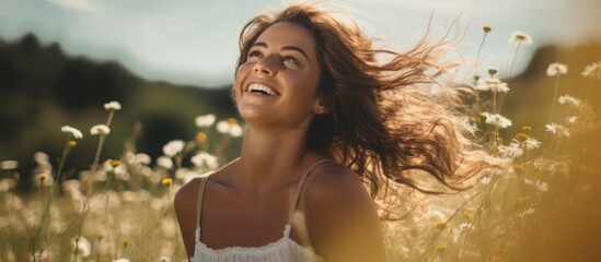 Poster - A woman standing in a flowerfilled landscape with her hair flowing like a surfers, feeling happy and free as she enjoys the leisure of the outdoors