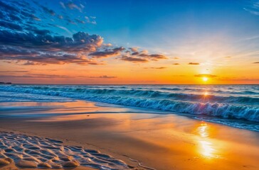 Wall Mural - art beautiful sunrise over beach in cancun; dramatic sky clouds over beach on sea; drims paradise su