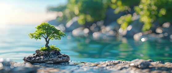   Sun-kissed water with a rocky island and a lush green tree on top, inviting visitors for a peaceful retreat