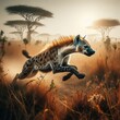Hyena gracefully navigating the savannah grassland, sprinting through the growth in a captivating display of wildlife in action