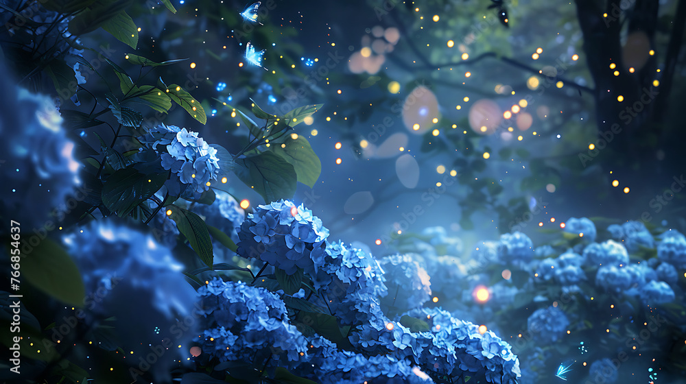 Nighttime in a magical garden with glowing fireflies around hydrangea ...