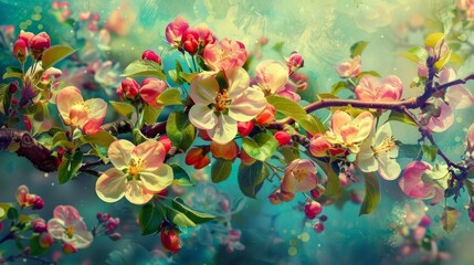 Sticker - A branch of an apple tree is blooming with vibrant and colorful flowers in the spring.