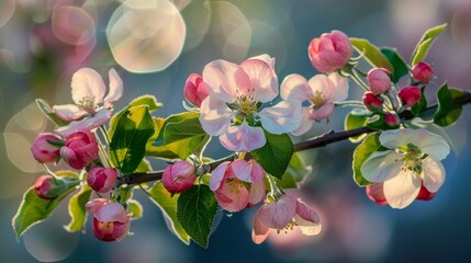 Wall Mural - A branch of an apple tree is blooming with vibrant and colorful flowers in the spring.