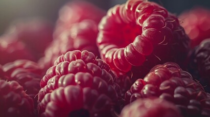 closeup of fresh sweet raspberries, ripe and juicy fruit, vibrant red berries with organic and healthy nutrition