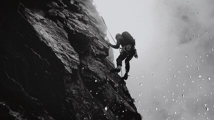 man exhibiting unwavering strength and power while climbing a steep mountainside, showcasing determi