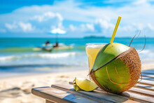 Tropical Fresh Coconut Cocktail On White Beach. Three Coconut Drinks At A Luxury Tropical Resort, Sunny Day In Topical Island