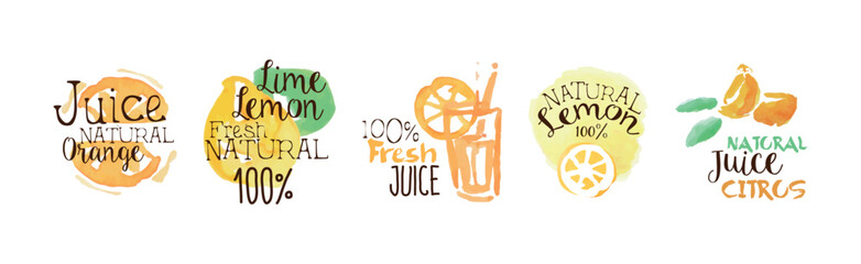 Wall Mural - Juice and Fresh Watercolor Hand Drawn Label Vector Set