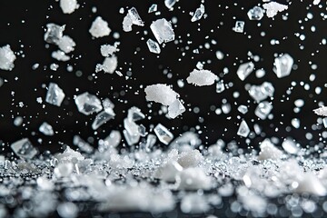 Wall Mural - Macro shot of falling and flying salt crystals isolated on black