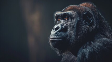 Wall Mural - closeup of a majestic black gorilla, focusing on the strong expression and natural beauty of this wi