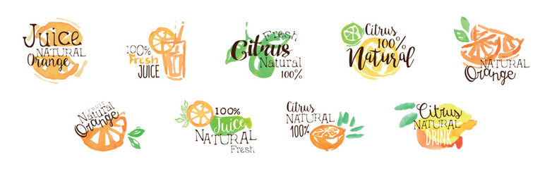 Wall Mural - Juice and Fresh Watercolor Hand Drawn Label Vector Set