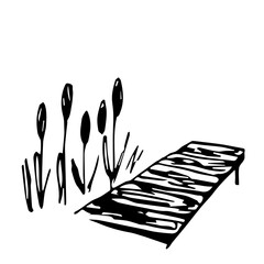 Simple black outline vector drawing. Wooden pier, reeds. Sketch in ink.