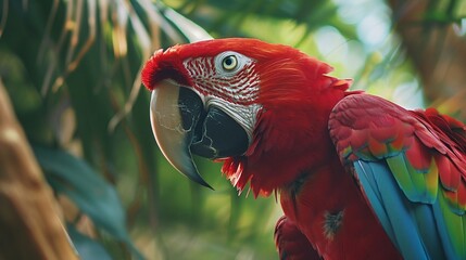 Wall Mural - colorful macaw bird closeup sitting on a branch with a detailed view of its eye and plumage in a tro