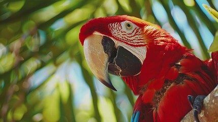 Wall Mural - closeup of a macaw bird with bright feathers and a striking eye, perched on a branch in a tropical j