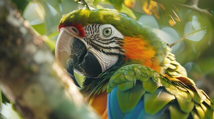 Wall Mural - tropical macaw bird closeup with colorful plumage perched on a tree branch in a dense rainforest set