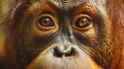 Wall Mural - sumatran orangutan eyes closeup, forest background portrait, wild monkey in jungle habitat, endanger