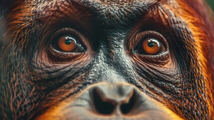 Wall Mural - sumatran orangutan closeup portrait, monkey eyes in forest background, wildlife in jungle habitat, e