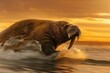 Large walrus in motion, rolling action, sunset, low angle, cinematic quality , digital photography