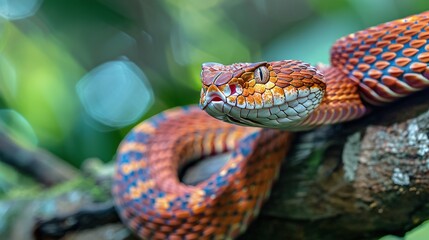 Wall Mural - closeup of coiled viper snake on branch, wild predator in the jungle, venomous reptile in tropical f