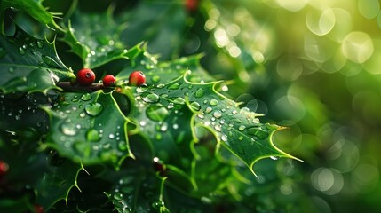 Wall Mural - This is a close-up photo of raindrops on the leaves of a Holly Berry bush, with the main focus on