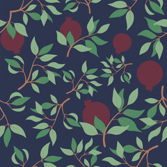 Vector seamless pattern with pomegranate branches and fruit on dark blue background