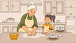 © Levtora - A smiling grandmother is kneading cake dough in the kitchen with her little granddaughter standing nearby and watching the process. Two already prepared cakes on the table and dough for new ones.