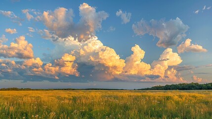 Wall Mural - A scene of a summer evening with a field and striking clouds.