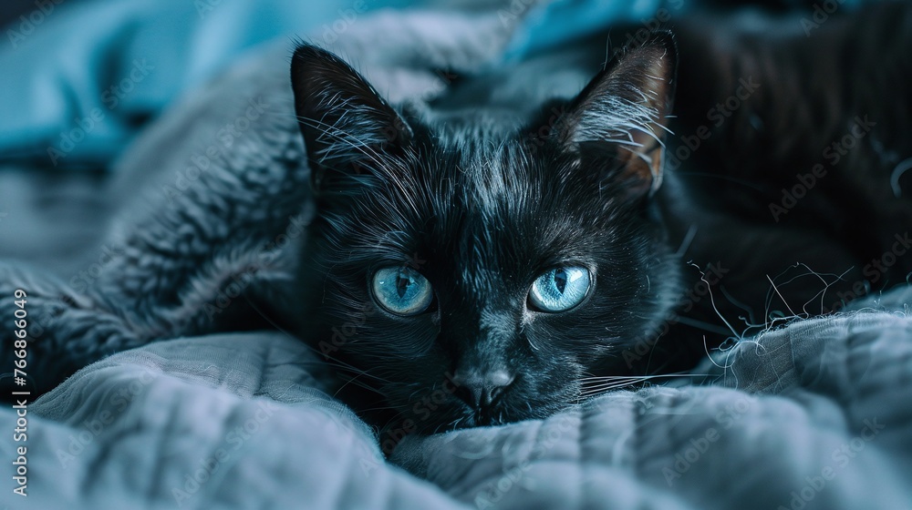 detailed close-up of a black cat with blue eyes on a bed, capturing the ...