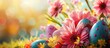 Best wishes during this Easter season. Festive Easter setting adorned with colorful eggs and blooming flowers.
