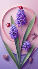 Wall Mural - A pink plate topped with purple flowers and ladybugs