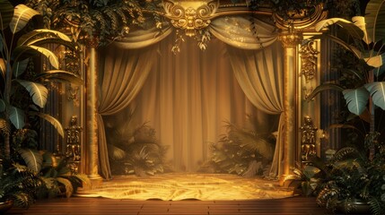 A stage with a gold curtain and plants