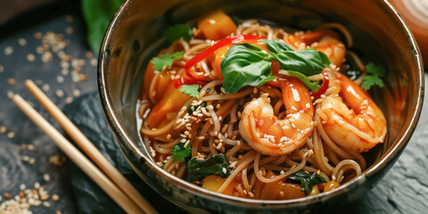 Wall Mural - Asian Fusion: Spicy Shrimp Soba Noodles. A delectable bowl of spicy shrimp soba noodles, garnished with sliced scallions and chili, served with chopsticks.