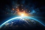 Fototapeta  - Panoramic view of the Earth, sun, star and galaxy. Sunrise over planet Earth, view from space - generative ai