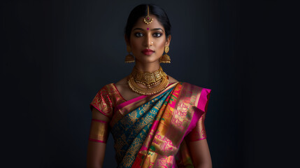 Wall Mural - Woman in traditional Indian folk clothing and jewelry. She wears a patterned saree with a blouse, necklace, earrings, bangles and traditional bindi