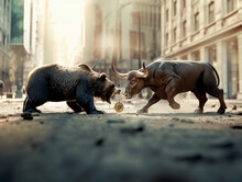 A Bear And A Bull Fighting For A Bitcoin Coin In A City