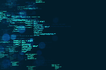 Digital code streams featuring programming symbols and data on a dark blue background, representing cyberspace and digital technology. 3D Rendering