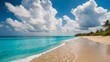 Pristine beach with clear turquoise waters under a sunny sky with fluffy clouds, epitome of a tropical paradise