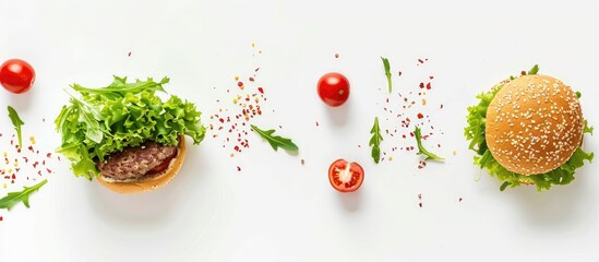 Mockup design of a burger and salad set with white background, featuring space for text and logo, with included Clipping Path for isolation.