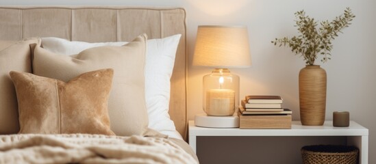 Poster - A room in a house with hardwood flooring, furnished with a bed, nightstand, lamp, and vase. A window allows natural light to illuminate the space, complemented by a houseplant on a table