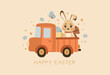 Cute card with the Easter Bunny on the car. Happy holiday.