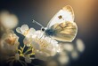 Beautiful Butterfly on a delicate white spring flower in spring in the rays of transparent sunlight of the morning sun, soft focus macro. Beautiful background of Easter spring nature