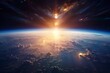 Panoramic view of the Earth, sun, star and galaxy. Sunrise over planet Earth, view from space - generative ai