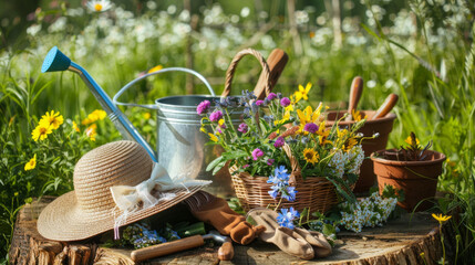 Canvas Print - A quaint gardening set with a wicker basket and colorful blooms is arranged on a tree stump.