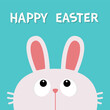 Happy Easter. White rabbit bunny head looking up. Big eyes. Funny face. Cute cartoon kawaii baby character. Forest animal collection. Childish style. Flat design. Blue background. Isolated. Vector