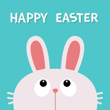 Fototapeta Dinusie - Happy Easter. White rabbit bunny head looking up. Big eyes. Funny face. Cute cartoon kawaii baby character. Forest animal collection. Childish style. Flat design. Blue background. Isolated. Vector